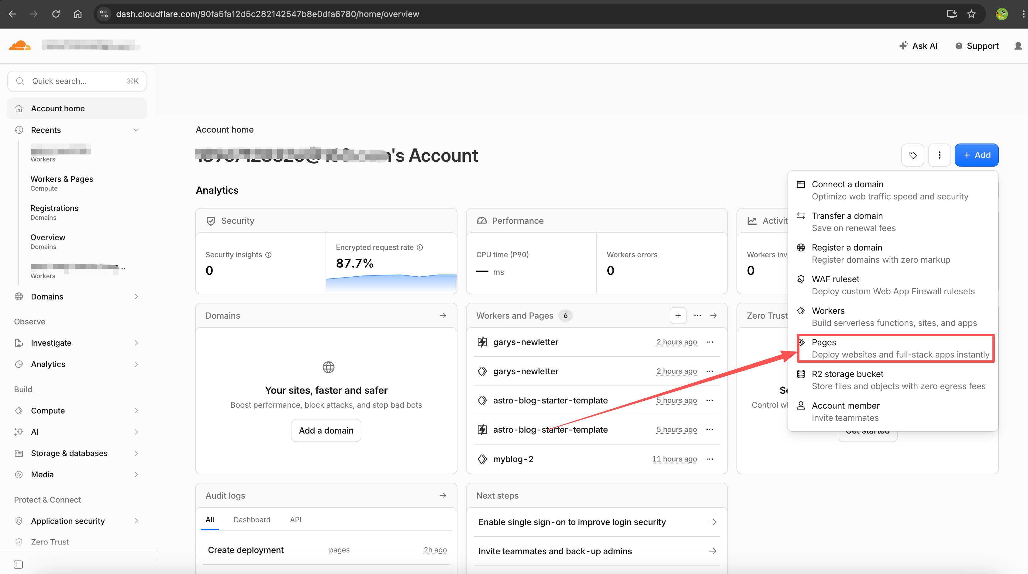 account home page add button